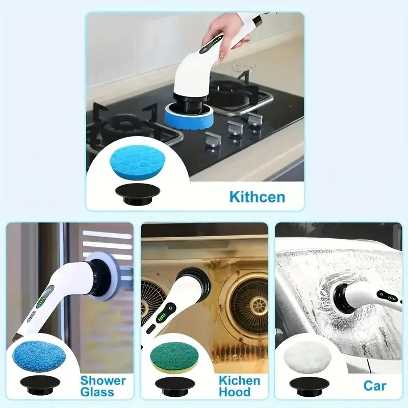 Cleaning tool with attachments for kitchen, shower glass, kitchen hood, and car cleaning.